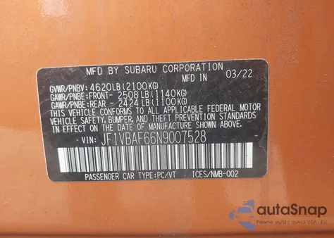 2022 Subaru Wrx Premium z USA, uszkodzony, nr VIN JF1VBAF66N9007528